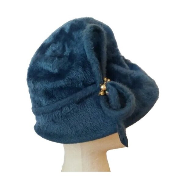 Vintage Angora Flapper Hat Blue Wool Cloche Splendid Etui Town Country Deco UK
